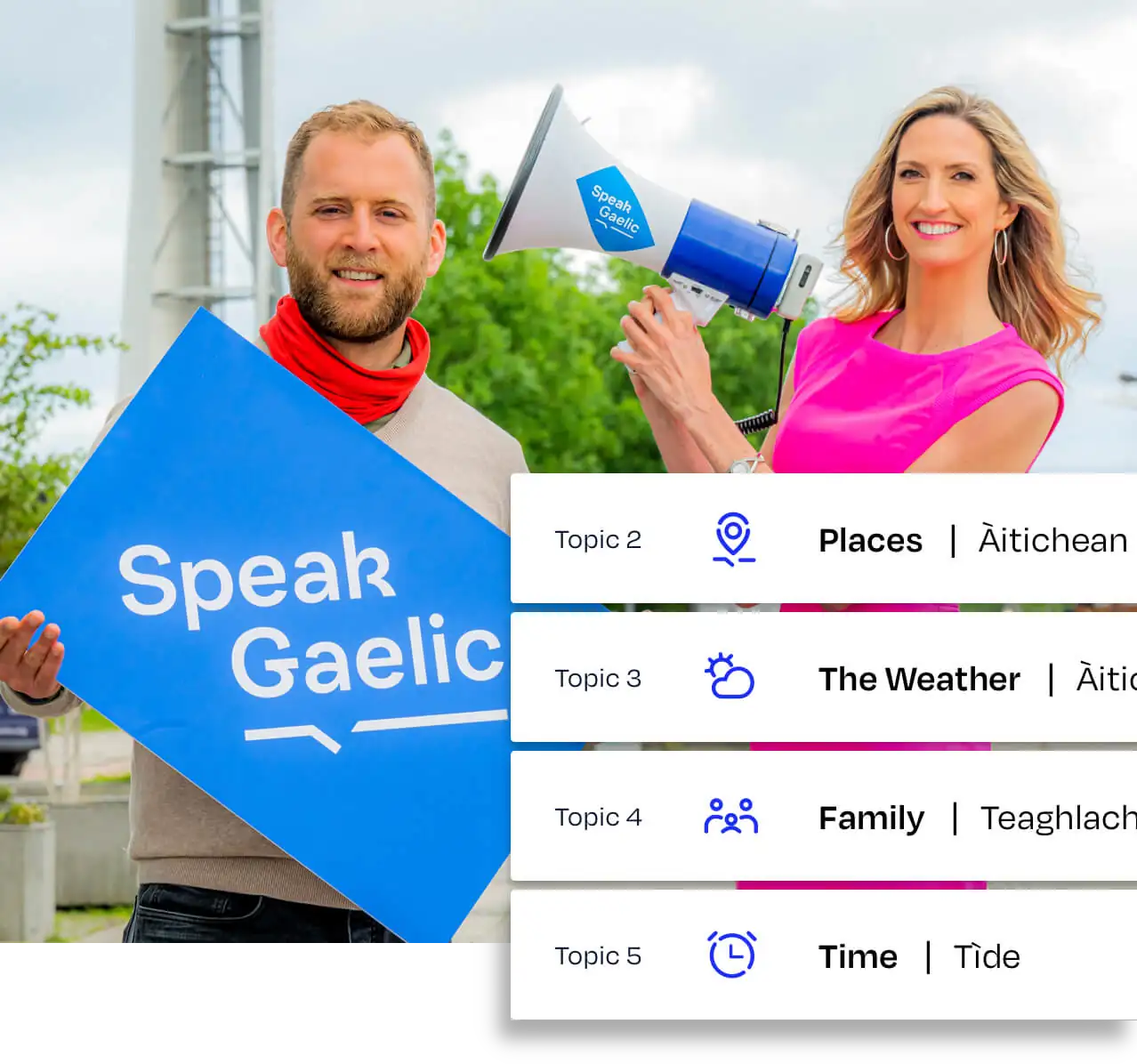 Cailean an Joy promoting SpeakGaelic with text overlay showing some of the courses available